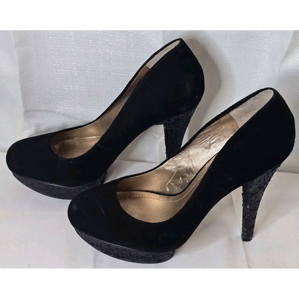 BCBGeneration Black Suede Glitter Platform Pumps Heels Womens‎ 8.5 Round Toe